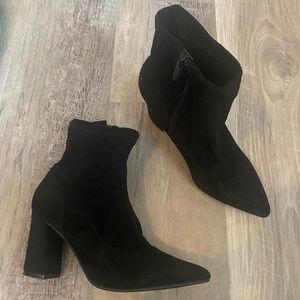 black velvet pointed toe block heel boots
